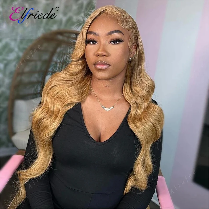 

Elfriede #27 Honey Blonde Lace Wig Women Body Wave Skin Melt 4X4 13X4 13X6 HD Lace Frontal Wigs Preplucked Remy Human Hair Wigs