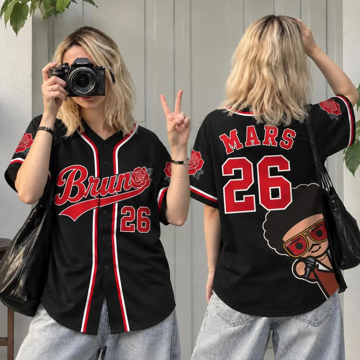2026 Bruno Mars 26 Baseball Jersey Unisex Short Sleeve Button-Up Shirts Rose Cartoon Graphic Streetwear Concert Fan Women Tops