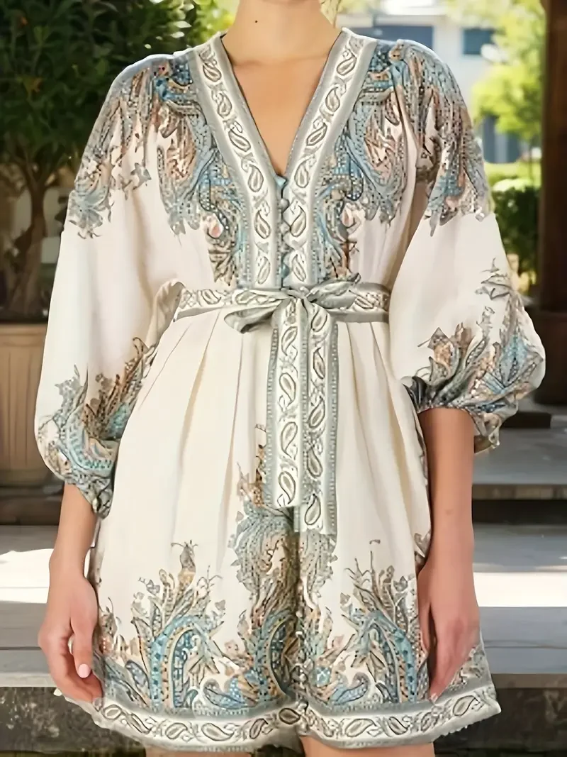 

Women's V-Neck Floral Dress - Lantern Sleeve Button Down Shirt Dress Casual Mini Summer Dress for Vacation Outfits