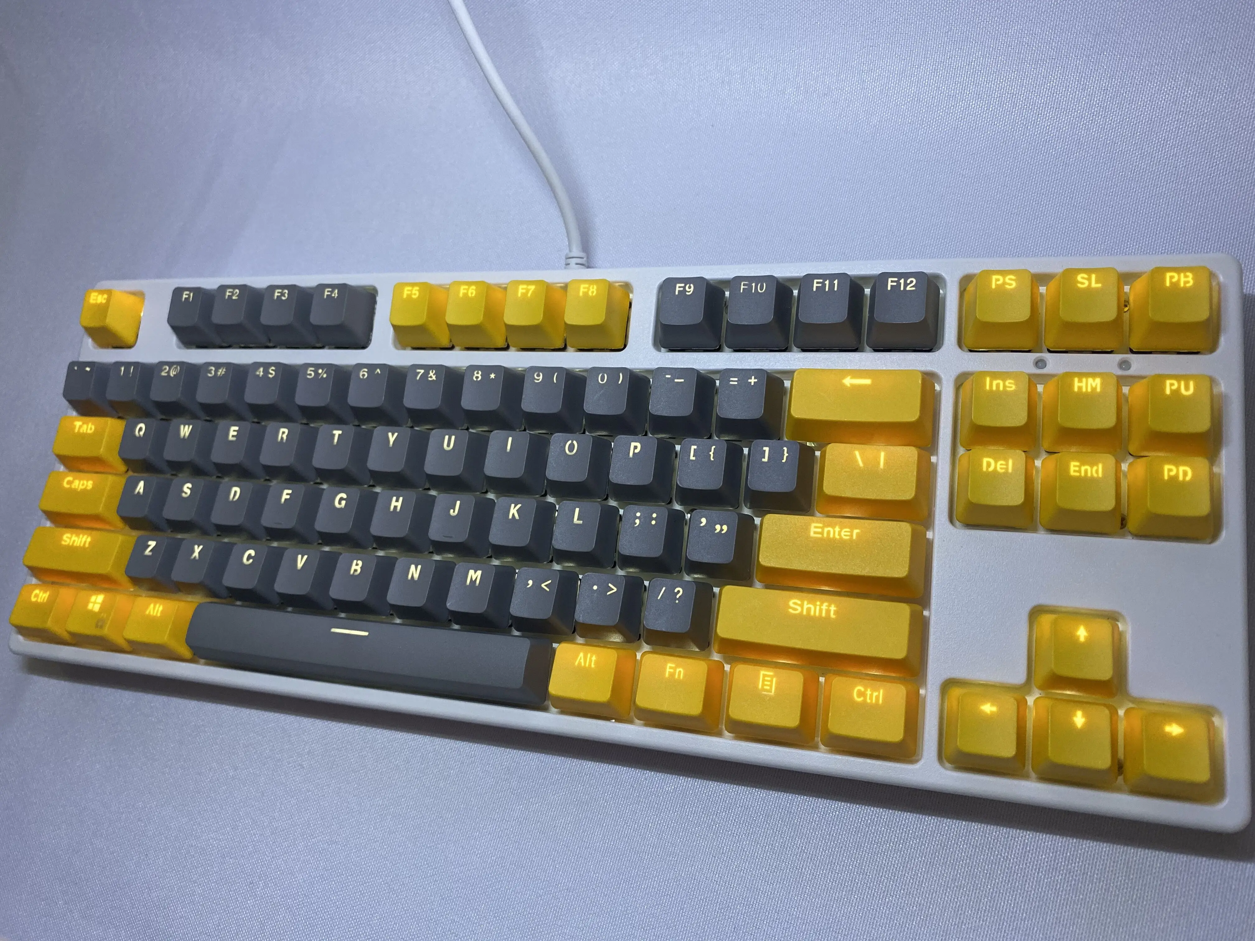 Teclas de Teclado mecánico de altura OEM, 87 teclas, color amarillo y gris, Material PBT, caracteres retroiluminados dobles, teclas transparentes para juegos