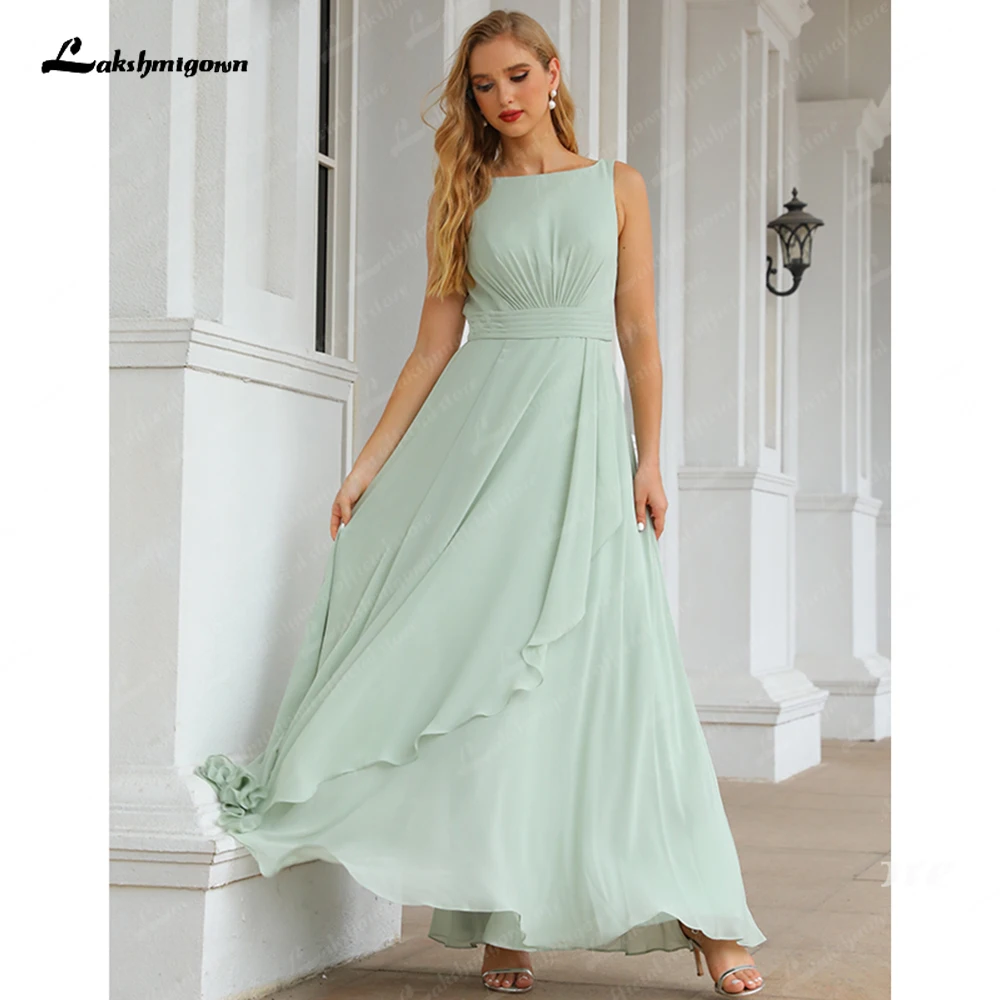 

Classic Bridesmaid Dresses Floor Length Charming Mint Boat Neckline Vestidos De Fiesta Sleeveless Wedding Party Gowns Back Out