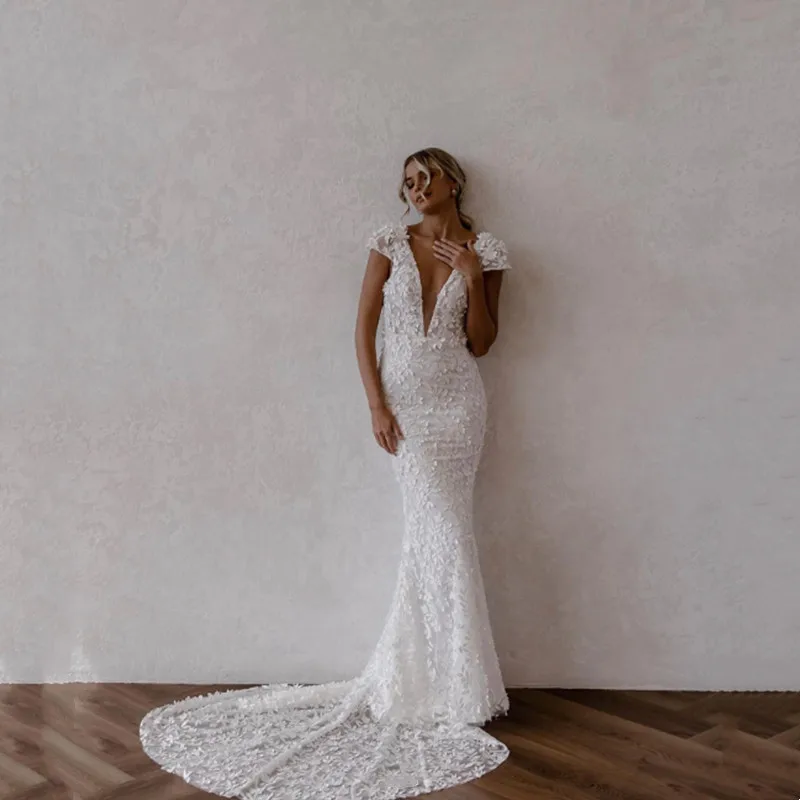 

Elegant Mermaid Wedding Dress Lace Appliques Short Sleeves Simple Sweep Train Sexy Deep V-Neck Backless Bridal Gowns Customized