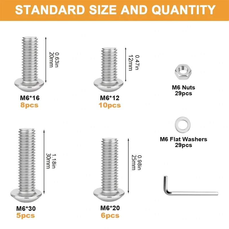 VKKM 87Pcs M6 304 Stainless Steel Button Head Hex Socket Cap Screws Nuts Flat Washers Assortment Kit, 4 Sizes M6×12/16/20/30 Fastener Set with Allen Wrench for Aluminum Frame, Metal Furniture DIY Assembly