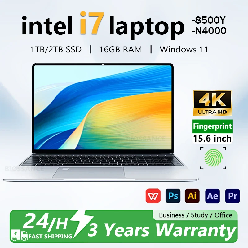15.6 "ordinateur portable Windows 11 Intel Core i7 8500Y N4000 16GB RAM 1TB 2TB SSD déverrouillage par empreinte digitale 4K étude ordinateur de bureau PC
