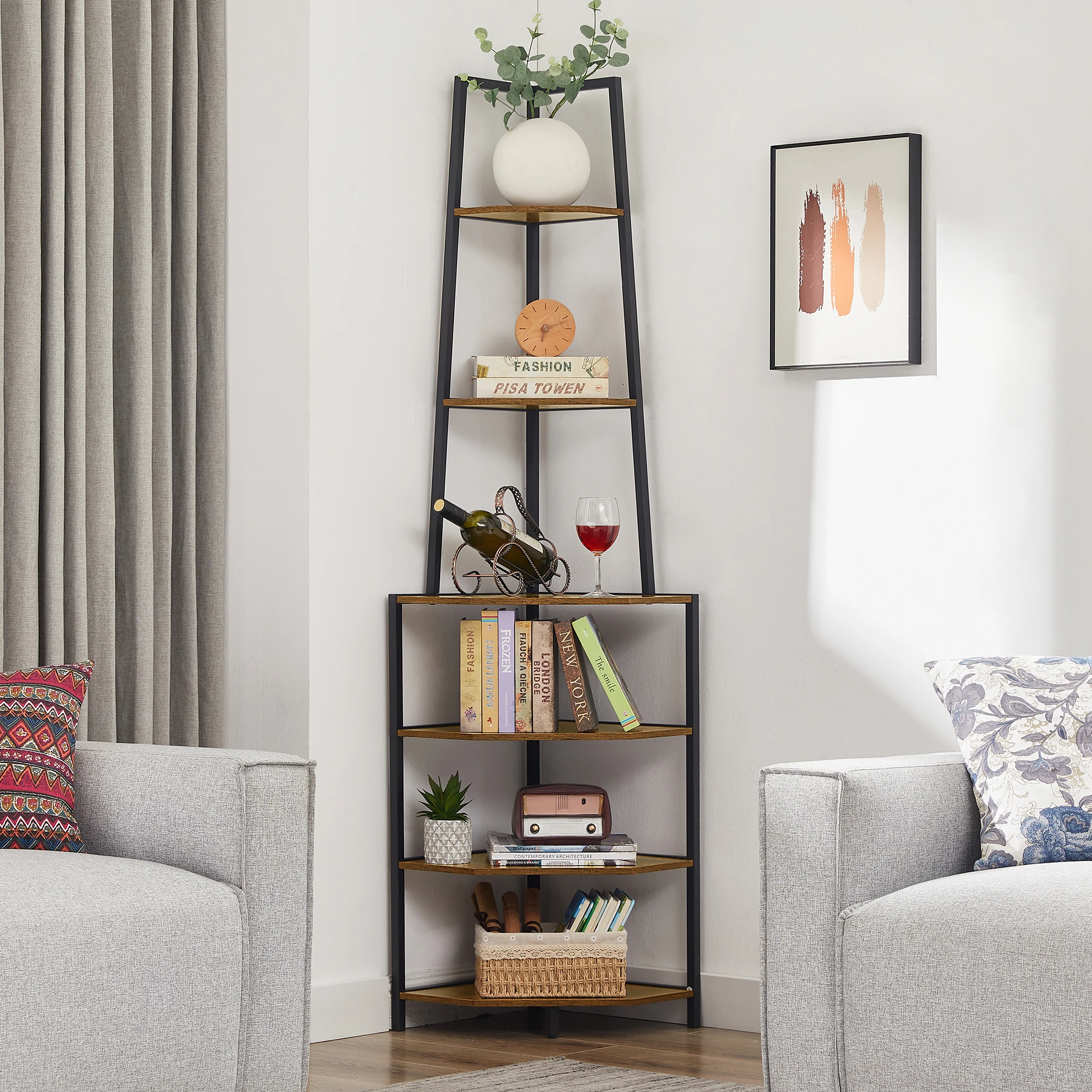 VECELO 68.5'' Tall 5 Tier Corner Bookcase Free-Standing Organizer for Compact Space in Living Room Study