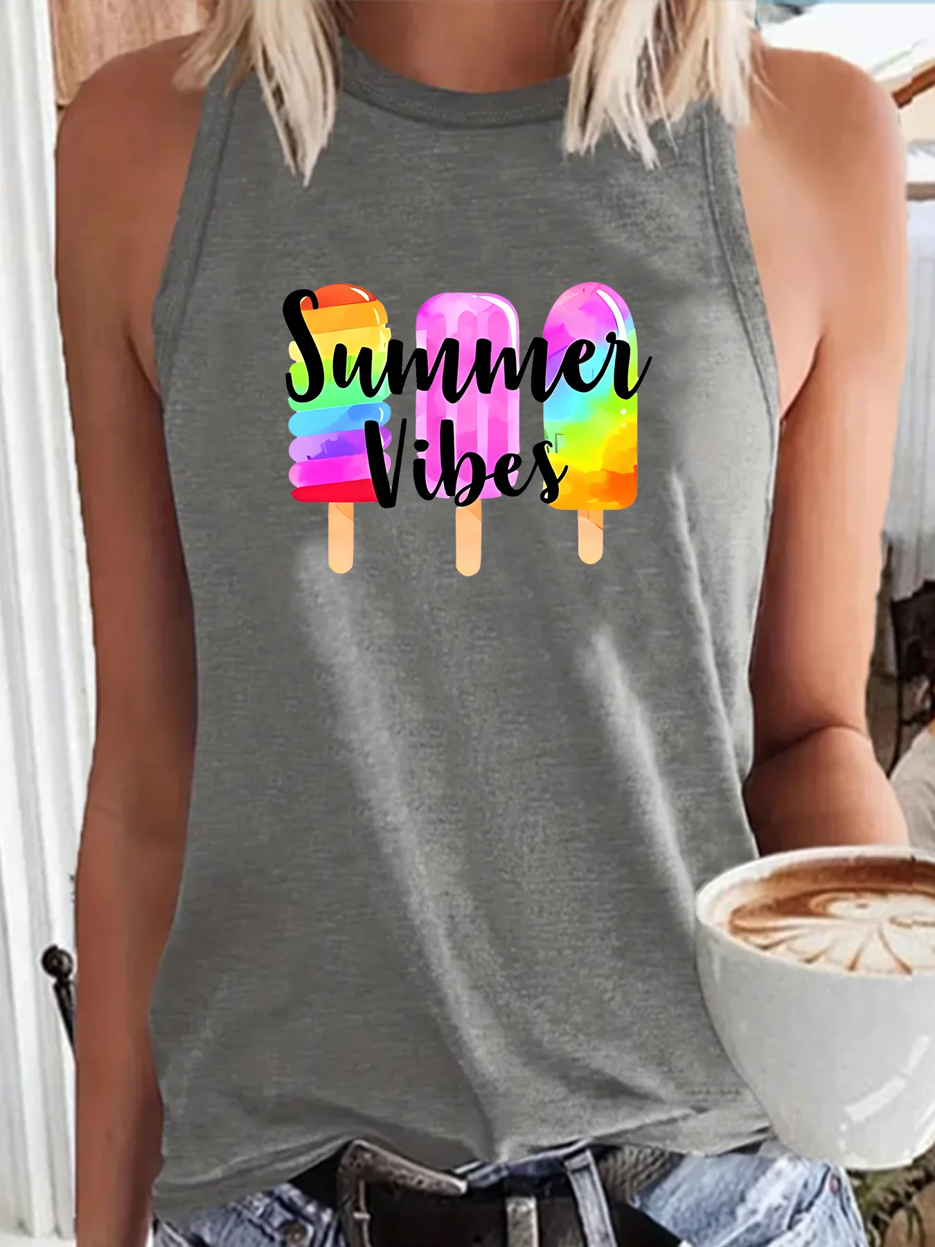 Summer Vibes Colorful Ice Cream Fashion Funny Sports Women's Tank Top Loose O Neck Sleeveless Casual Tank