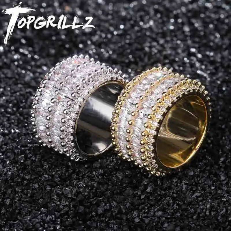 TOPGRILLZ 2 Row Solitaire Tennis Men's Ring Copper Charm Gold Silver Plated Baguette Cubic Zircon Iced Rings Hip Hop Jewelry