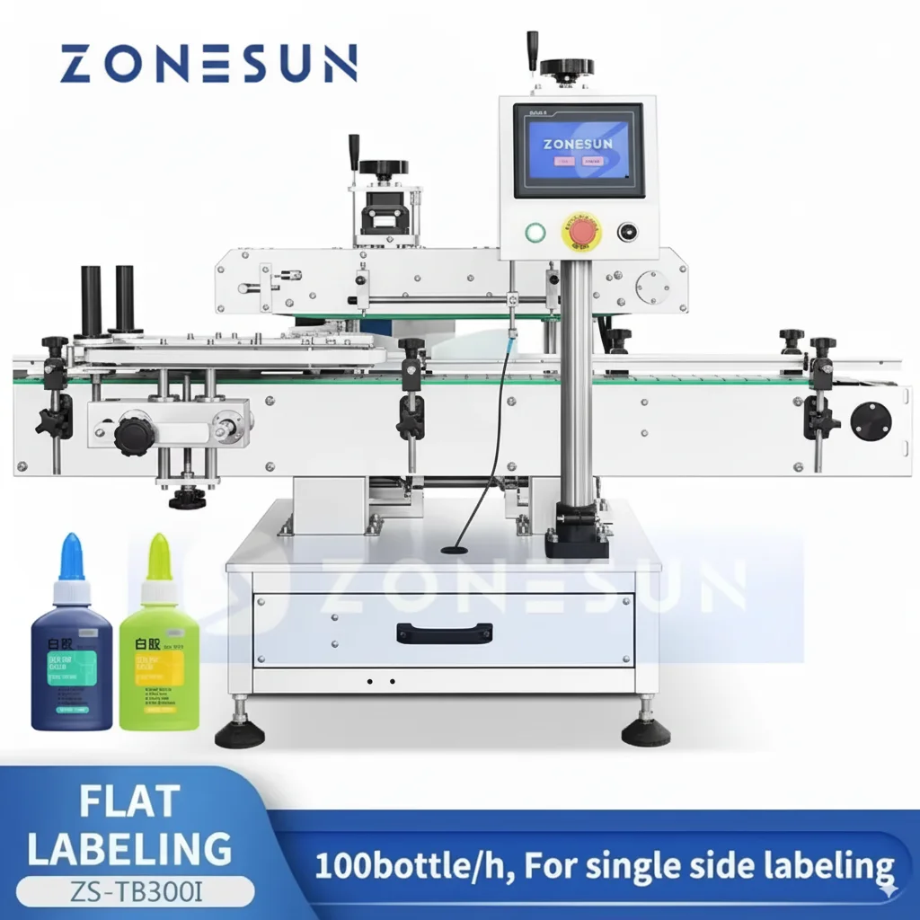 ZONESUN ZS-TB300I Vertikale einseitige Klebeflaschen-Etikettiermaschine für Flachoberflächenverpackungen