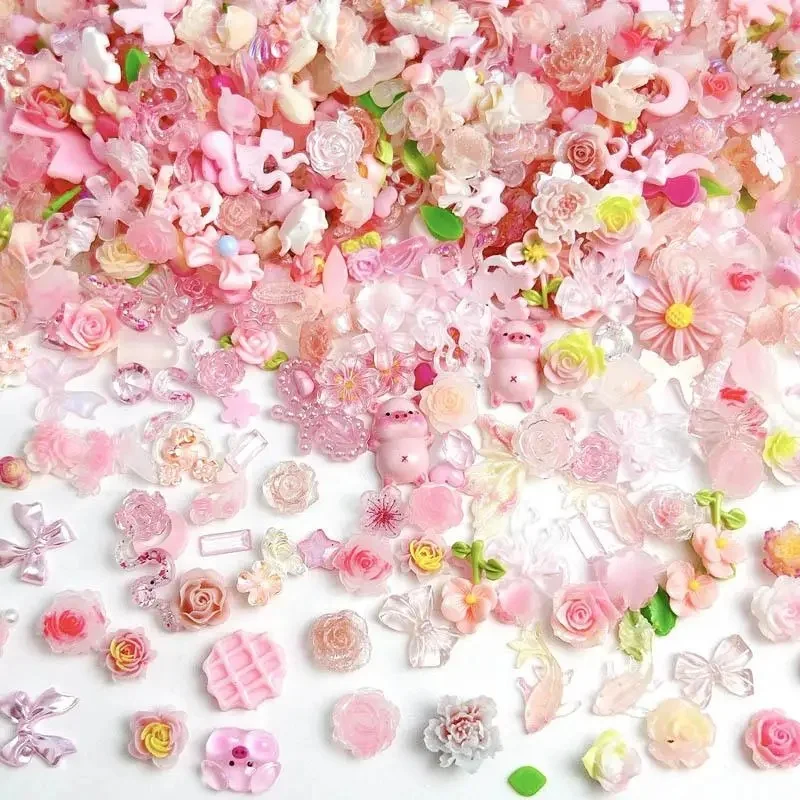 Breloques en résine 3D pour les ongles, mélange aléatoire, rose doux, fleur rose, accessoires de décoration pour nail art, bricolage, artisanat de colle à la crème