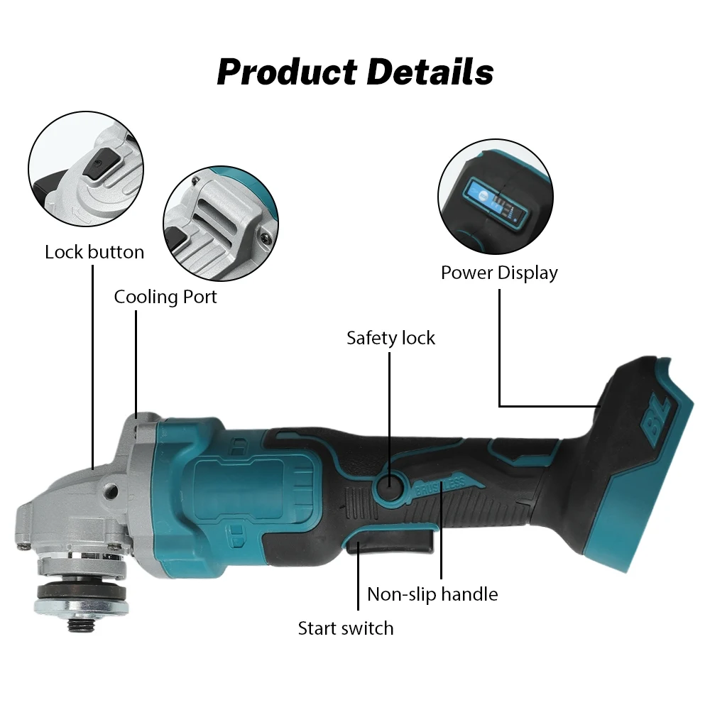 125 mm bürstenloser elektrischer Winkelschleifer mit variabler Geschwindigkeit, M14-Schneidemaschine, Holzbearbeitungswerkzeug für Makita 21 V Batterie-Pin – Detail 5