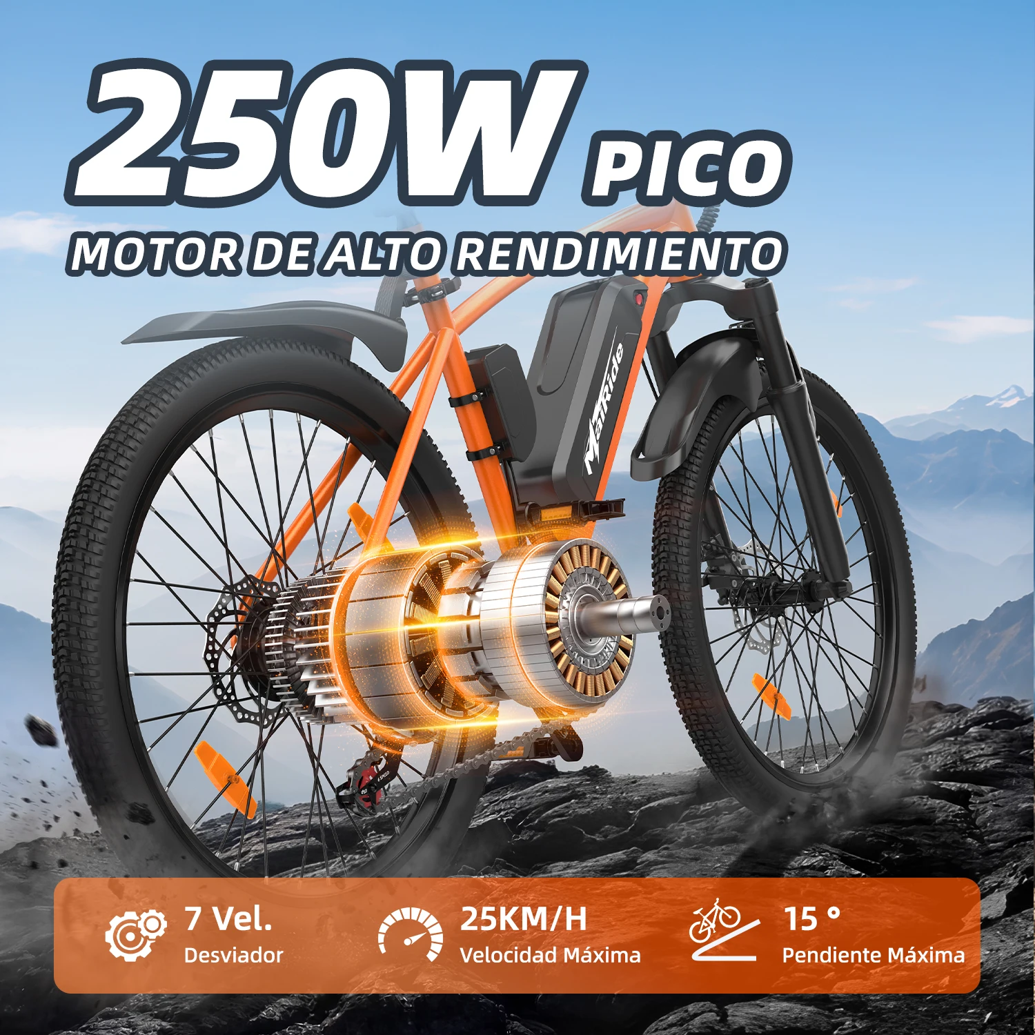 Bicicleta eléctrica para adultos Mairide Q7 250W 36V 10Ah extraíble 45km 26 Disc 7V LCD 3 Modos