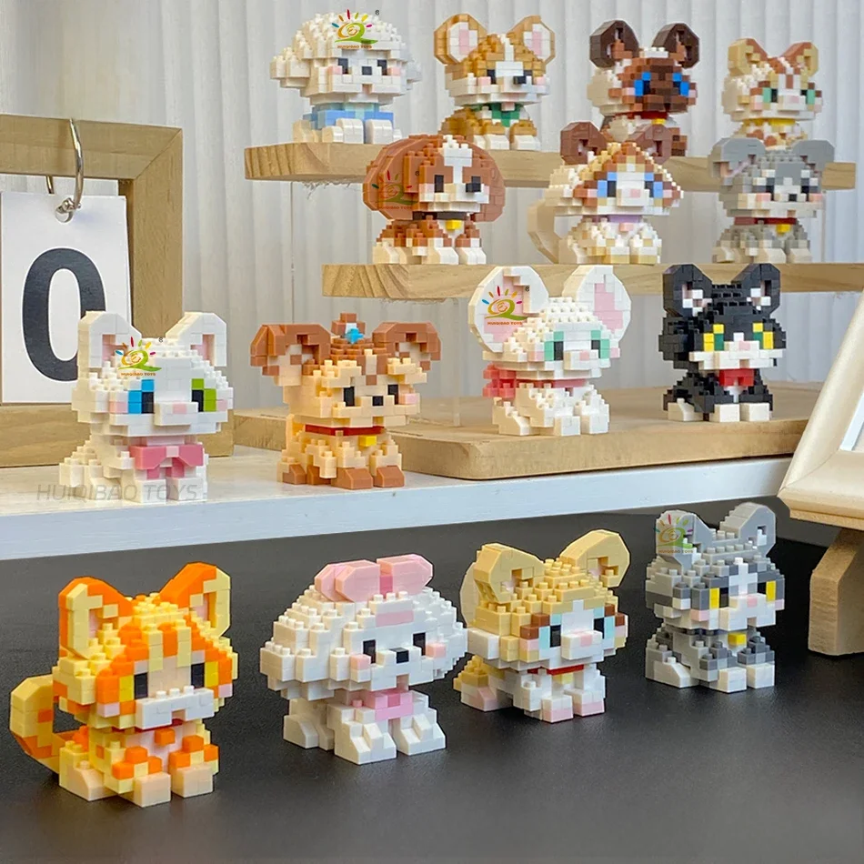 HUIQIBAO-Mini bonito Pet Dog Cat Micro Building Block Model Set para crianças, desenhos animados da