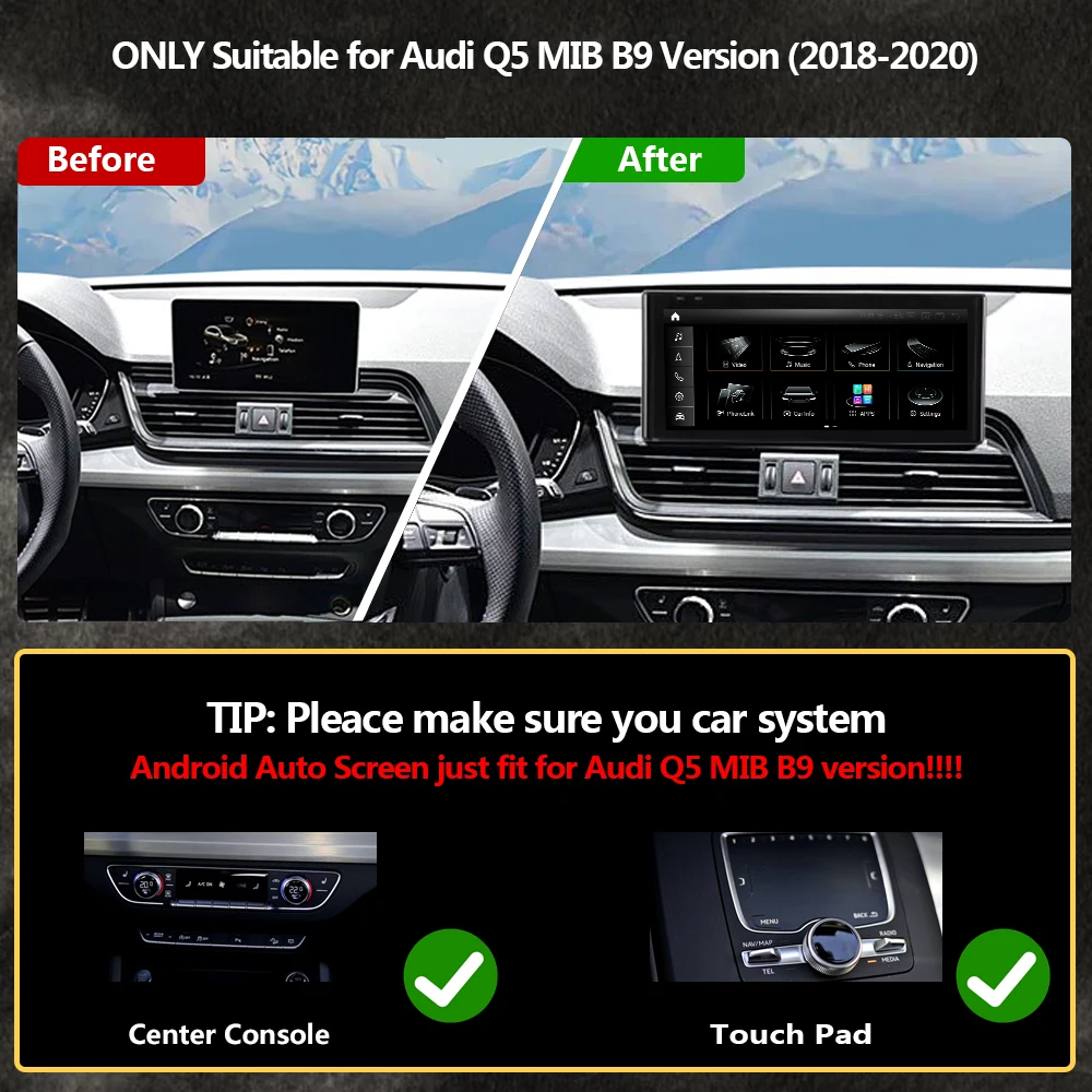 DRIKSWVE Android 13 Auto and CarPlay Screen with Snapdragon 665 8 Core 1920 * 720 HD Anti-Glare for Audi Q5 MIB B9 (2018-2020)