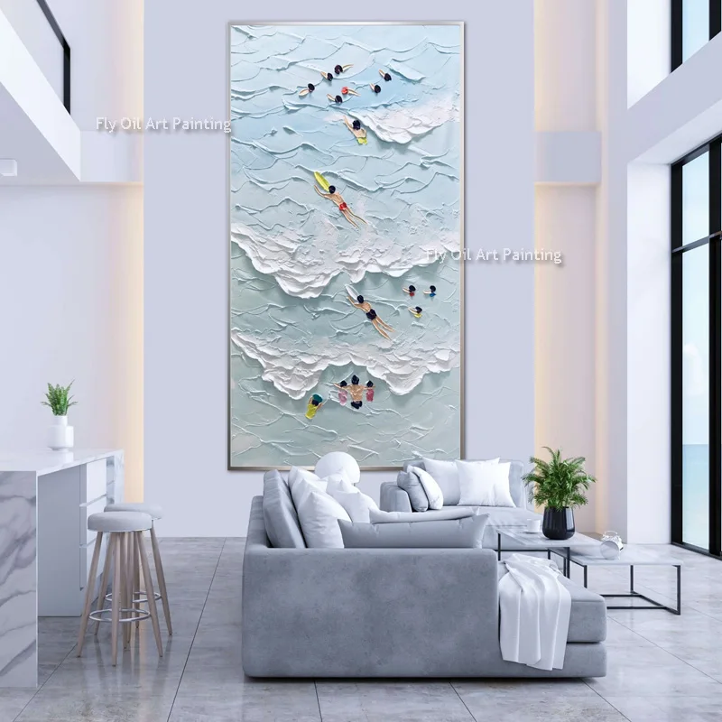 Ocean Joy Swimming Surfing At Beach Oil Painting Blue Hand Painted Oversized Textured Abstract Thick Canvas Painting Wall Decor