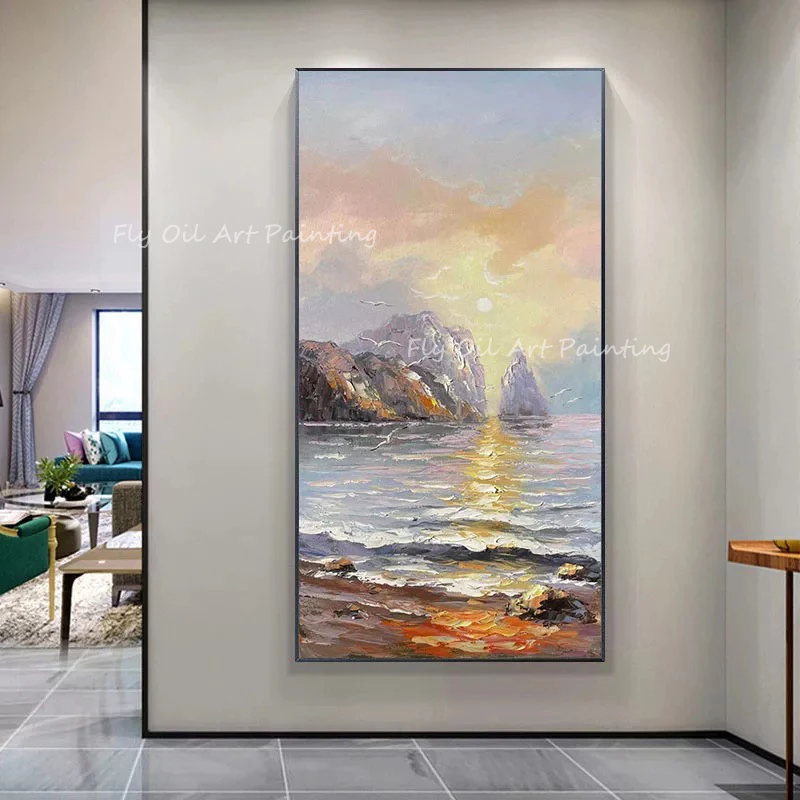 

100% Handmade ocean wave picture seascape seaside with sunset and mountain art Oil Painting Porch Aisle For Living Room Artwork