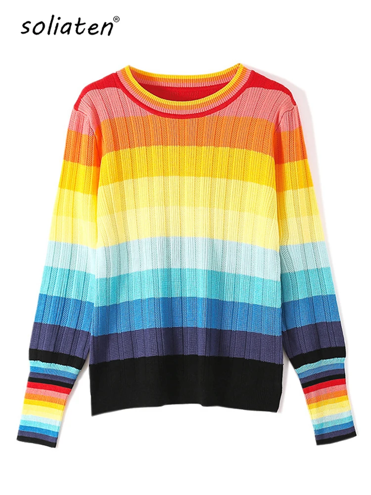 New Multicolor Rainbow Sweater Autumn Winter Women Sweater O-Neck Knitted Jumper Top Loose Casual Warm Femme Sweater C-144