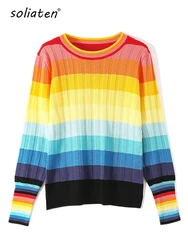 New Multicolor Rainbow Sweater Autumn Winter Women Sweater O-Neck Knitted Jumper Top Loose Casual Warm Femme Sweater C-144