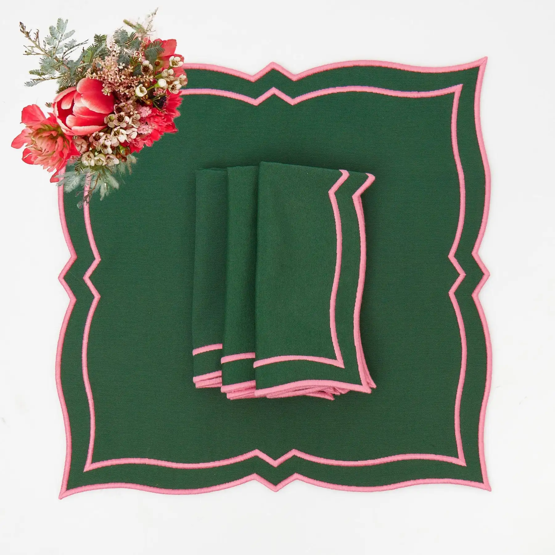 GREEN & PINK PLACEMATS NAPKINS  (SET OF 6)