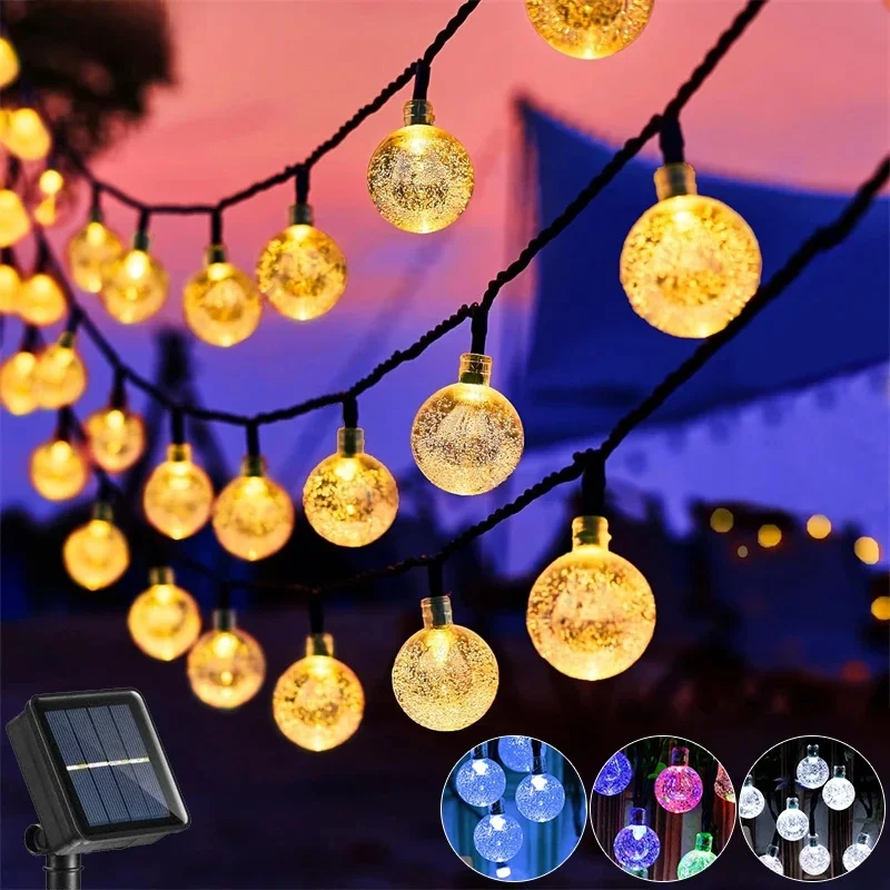 Updated Solar String Lights Outdoor Waterproof 60LED 8 Modes Crystal Globe Christmas Lights for Garden Lawn Porch Decor Camping