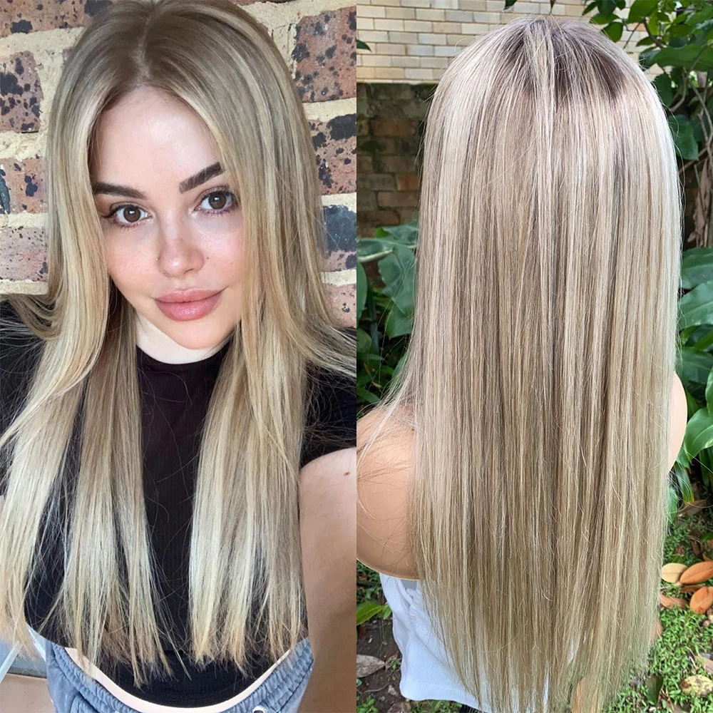 

Stunning Blonde Highlights Lace Front Wig Ashy Roots 100% Virgin Human Hair Full Lace Wigs HD 13x6 Silky Straight Wigs 200%