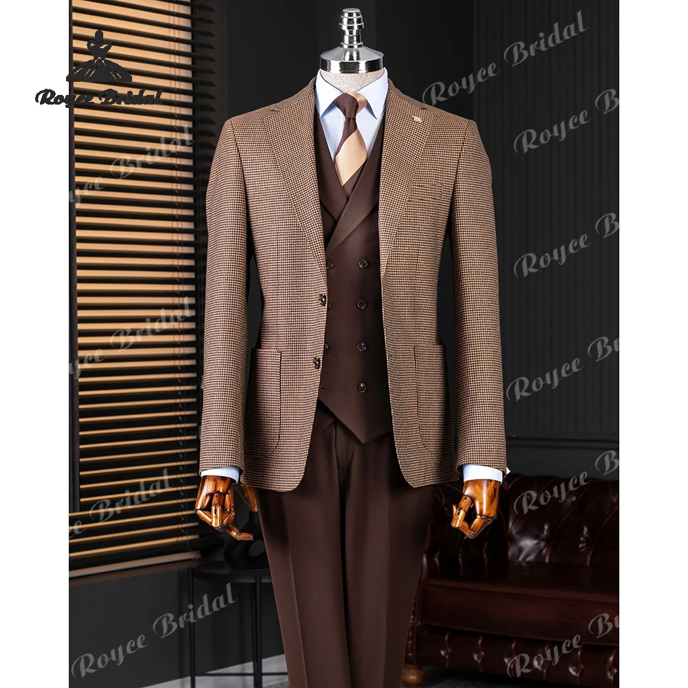 Brown Houndstooth Three Piece Single Breasted Men's Wedding Suit 2026 Notch Lapel Business Suit Customized trajes para hombre