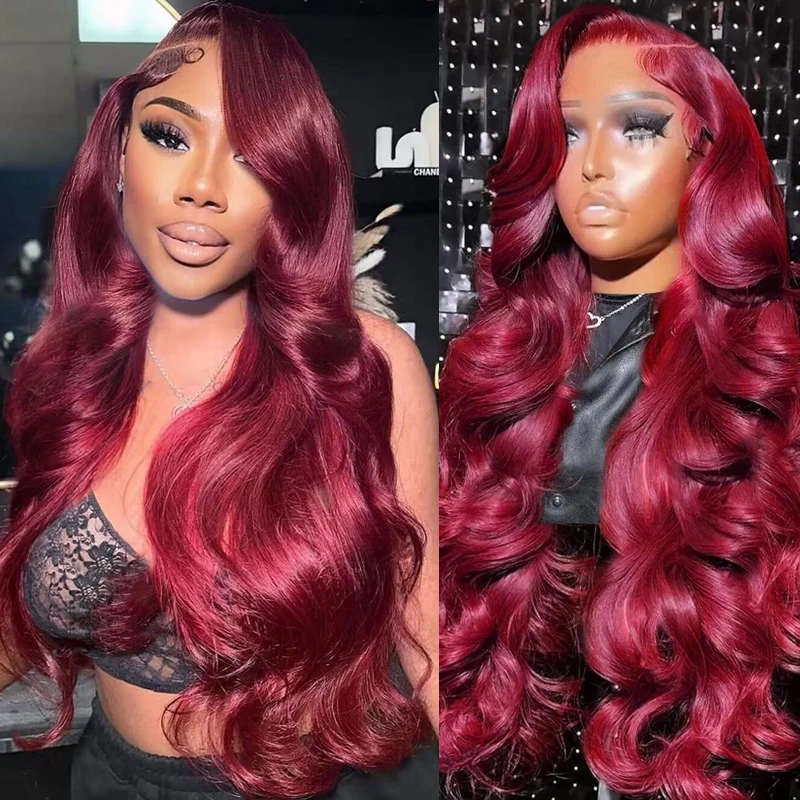 Body Wave 99J Burgundy Lace Front Wig 200% Density 13x6 Transparent Lace Frontal Wig 32 Inch Wine Red Colored Human Hair Wigs