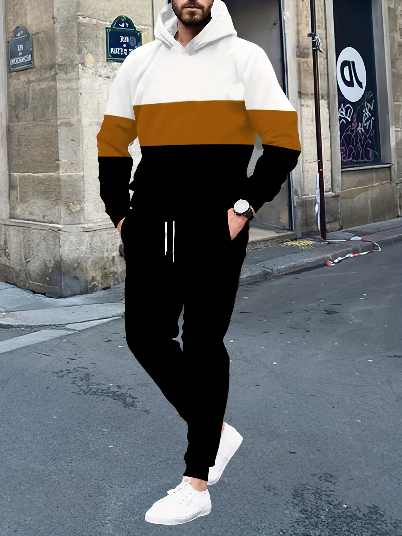 

New Autumn And Winter 2-piece Men's Contrasting Hooded Sweatshirt And Sports Pants Set Comfortable Casual Top