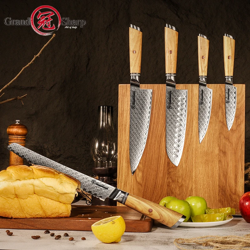 Chef Knife Set 5 Pcs Japanese AUS-10 Damascus Kitchen Knives Santoku Utility Bread Chef Paring Peeling Cooking Tools Olive Wood