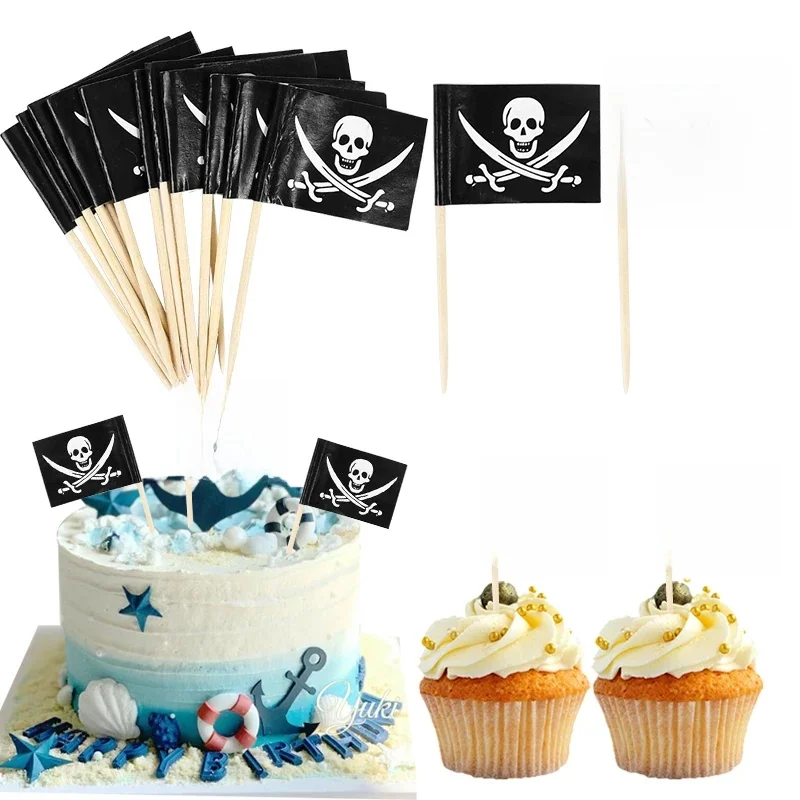 25-100Pcs Piratenvlag Cupcake Topper Piraat Thema Verjaardagstaart Decoraiton Schedel Vlaggen Tandenstoker Eten Pick Halloween Feest Decor - afbeelding 2