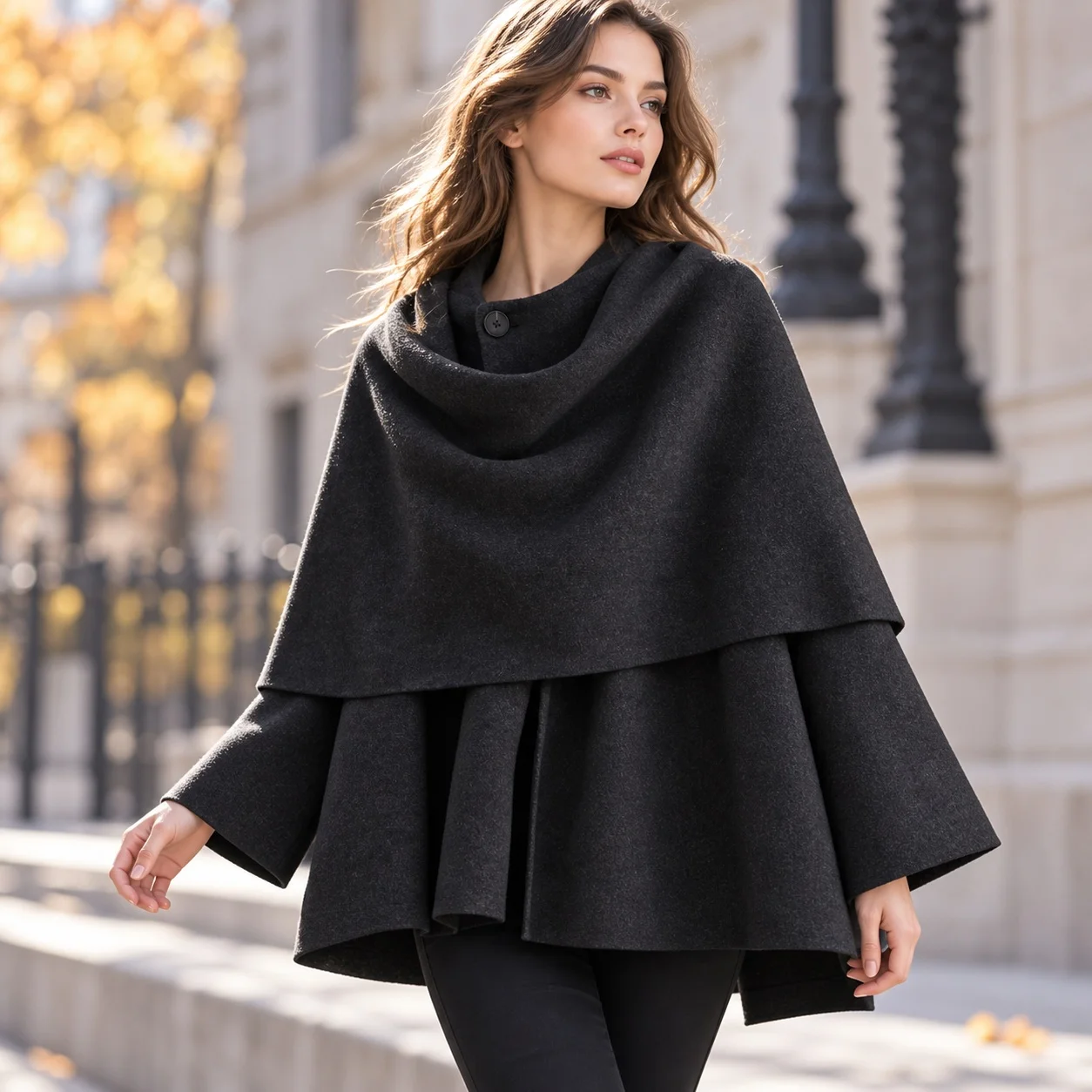 Single Long Sleeve Loose Fit Edgy Street Cape Coat with Scarf Collar Open Front European and American Style Autumn Women Cape
