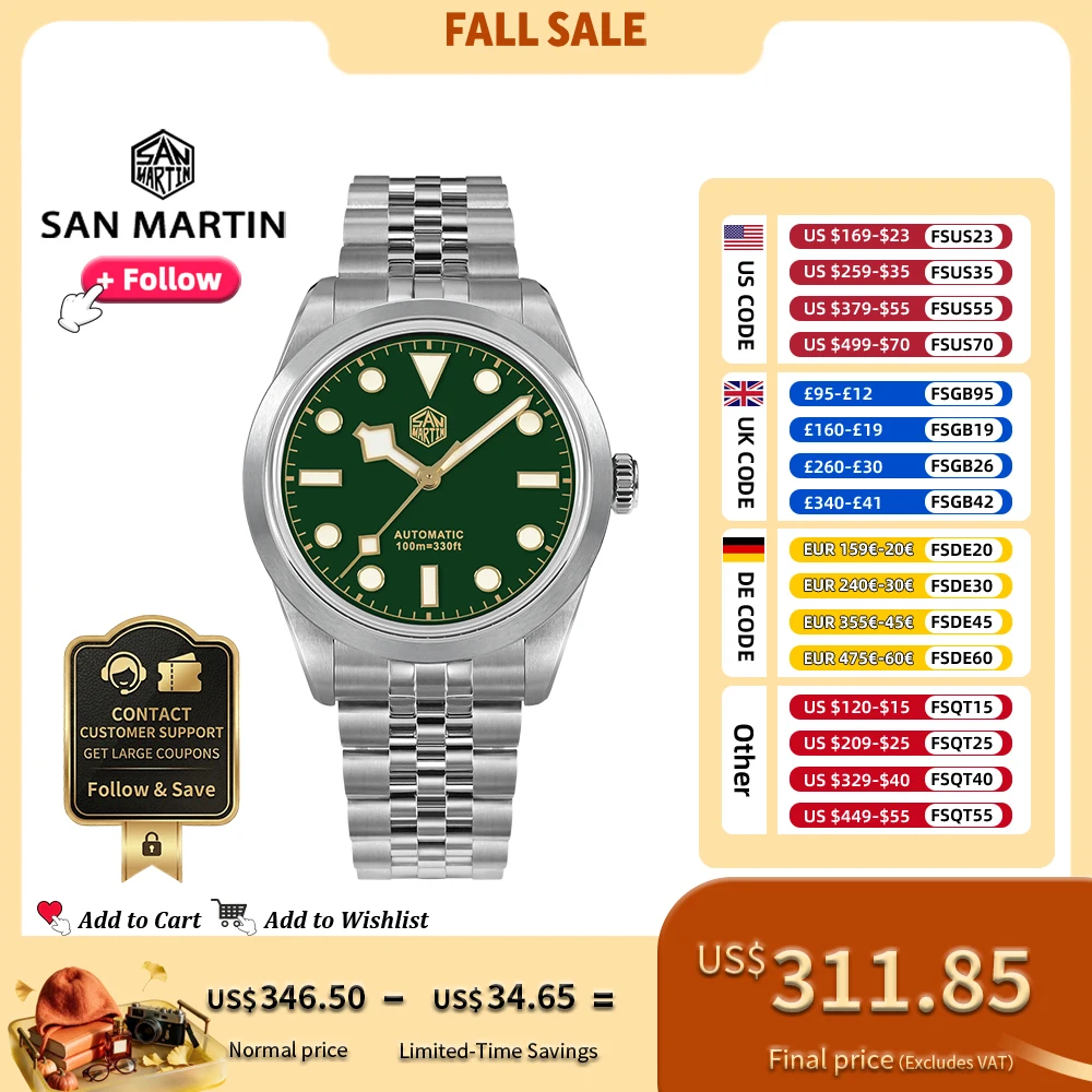San Martin Men's Watch 38mm Explore Climbing Sport Couple Wristwatch Automatic Mechanical Luminous Waterproof 100m SN0107