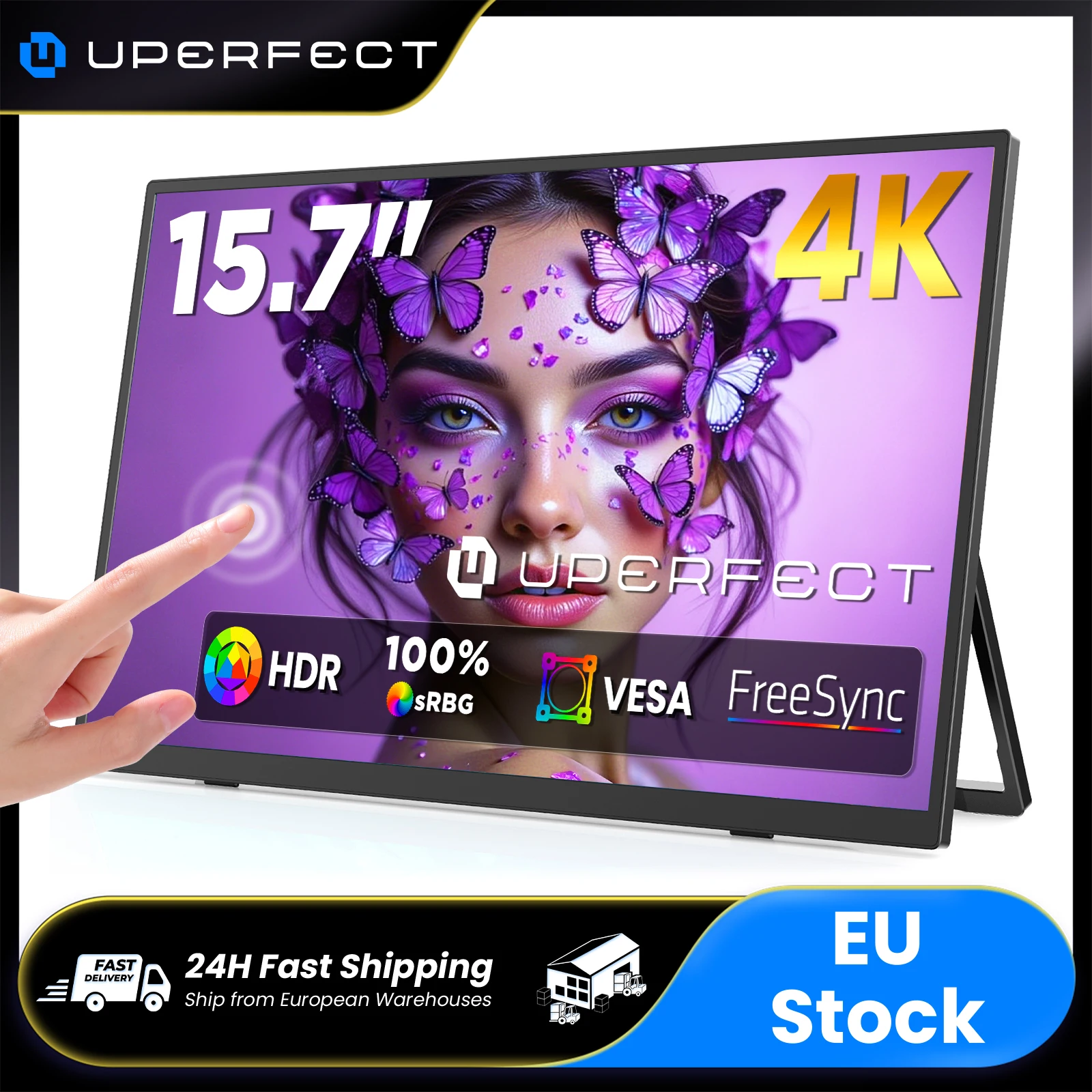 UPPERFECT 15,7" 4K UHD Touchscreen-Monitor, tragbar, 100 % sRGB, USB-C, HDMI, HDR, FreeSync, Augenschonend, externes Display für Laptops, Desktop-PCs, Macs, Smartphones, Tablets, PS5/4 und Switch