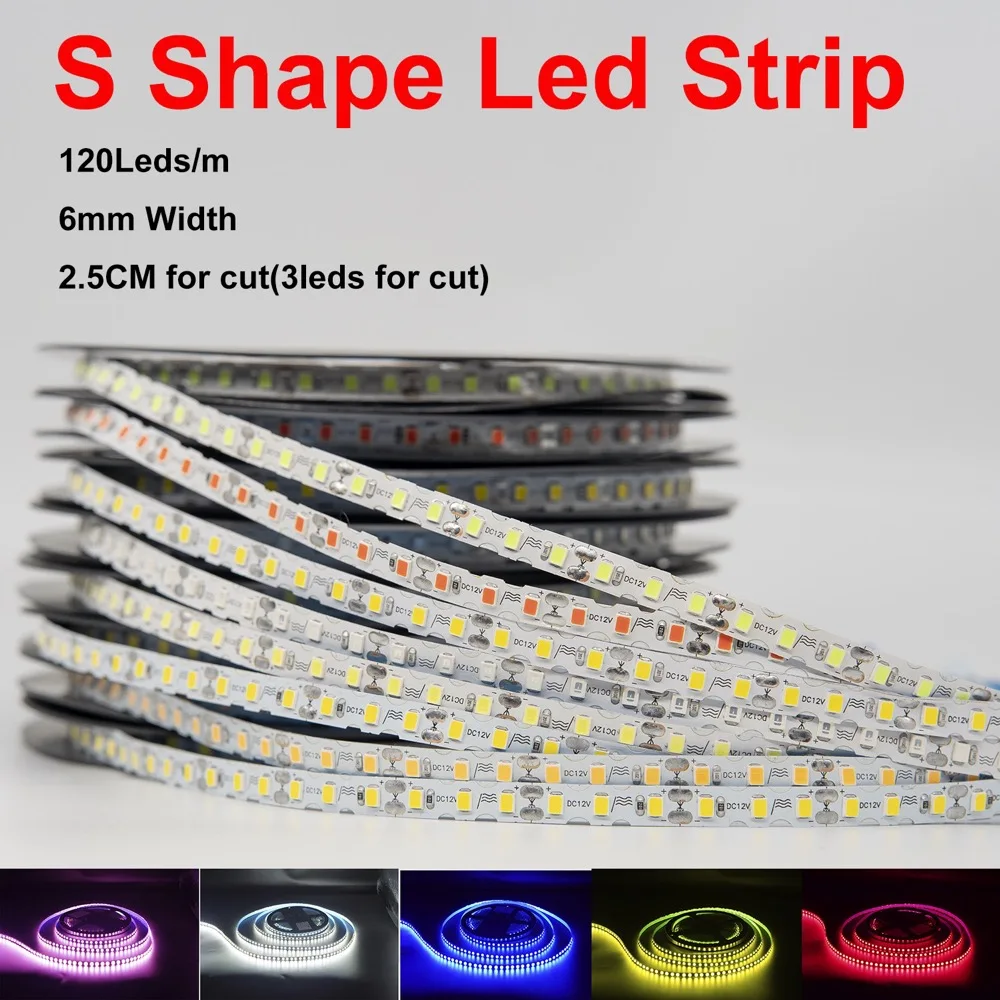 5m S Shape Led Strip 6mm PCB Width 2835SMD DC12V 120Leds/M Flexible Bendable Foldable DIY Sign Letter Lights For Neon Tape