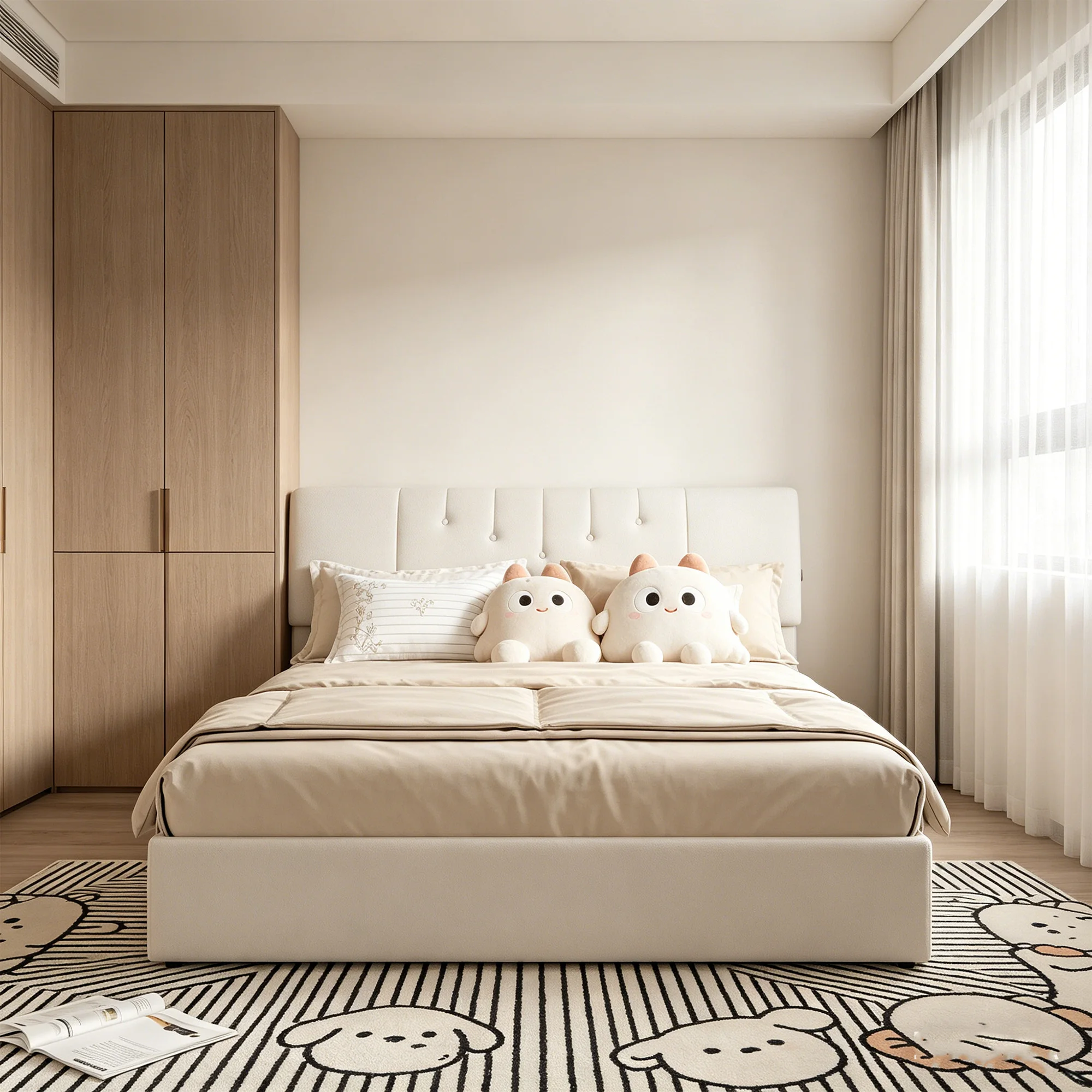 Cama tapizada Superaly de 140x190 cm con carga USB, estructura de cama hidráulica con base de listones, cama doble de lana Teddy para dormitorio