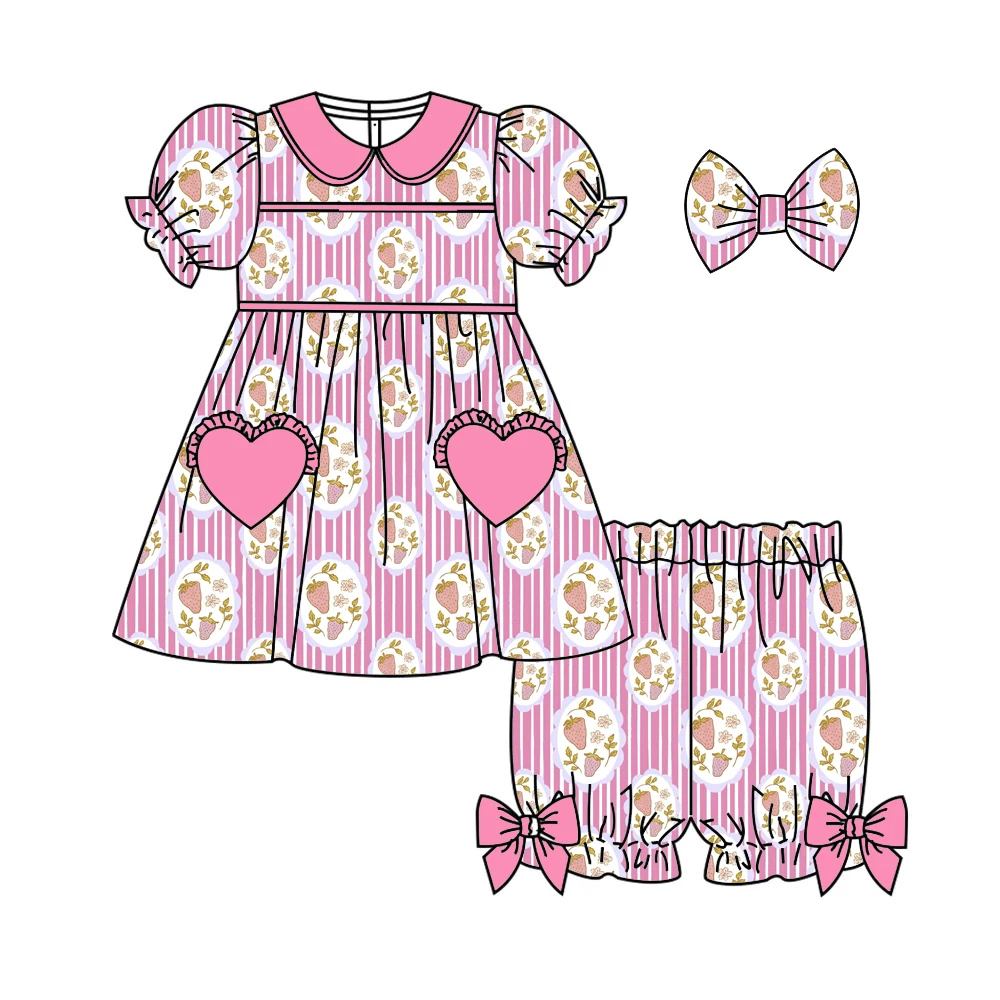 Boutique girl's set flowers and strawberries print ruffled collar short-sleeved shirt and shorts ruffled buttons pocket wholesal