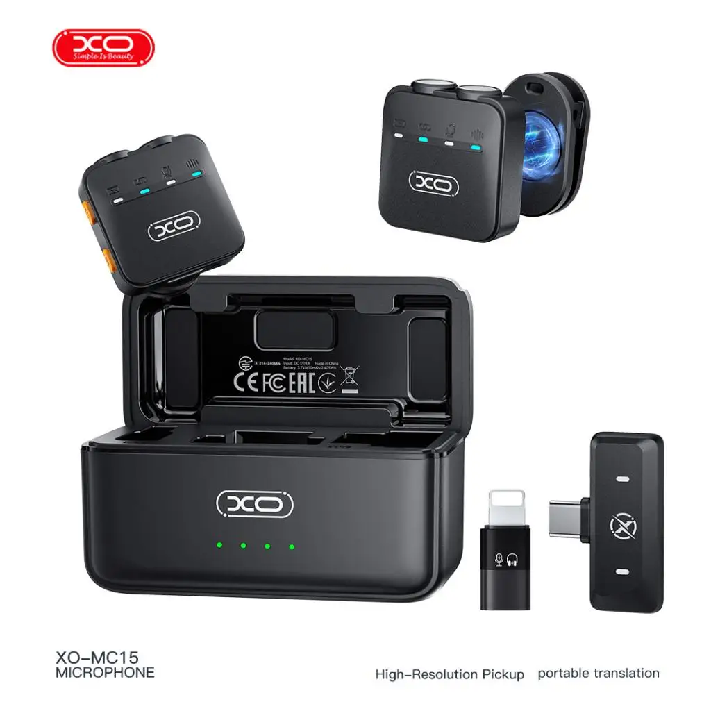 Sistema de Microfono Inalambrico Dual MC15 con Cancelacion de Ruido AI y Estuche de Carga Inteligente Mini Mic de Solapa para Smartphone Tablet y PC con Monitoreo en Tiempo Real Soporte Magnetico y Adaptador Lightning para Grabacion Profesional VLOG