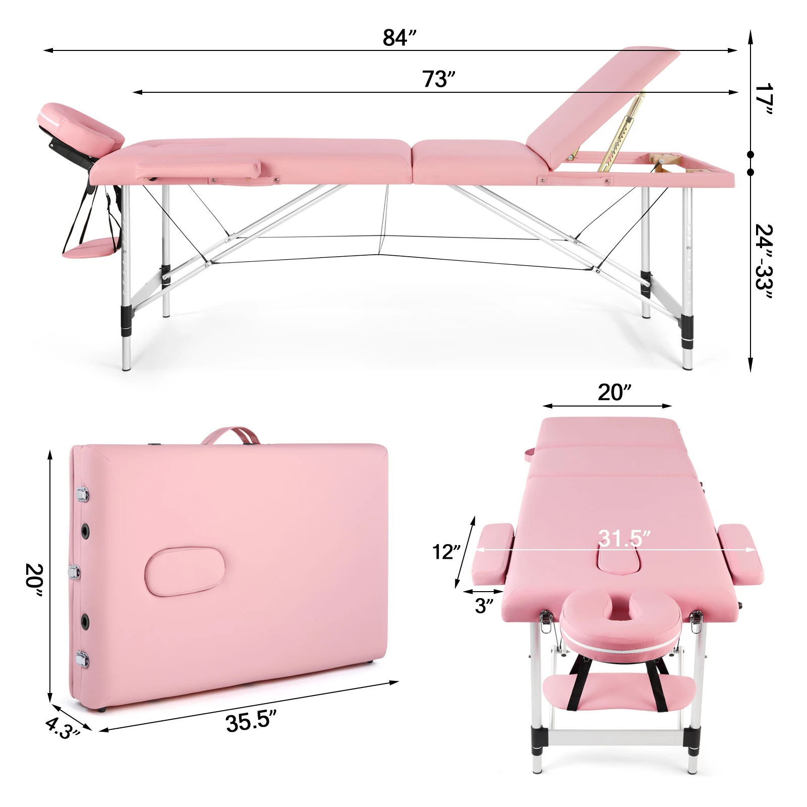 [Flash Sale]3 Sections Foldable Beauty Bed 84Inch Portable Aluminum Foot Massage Table Pink W/1 Unique Folding Stool[US-Stock]