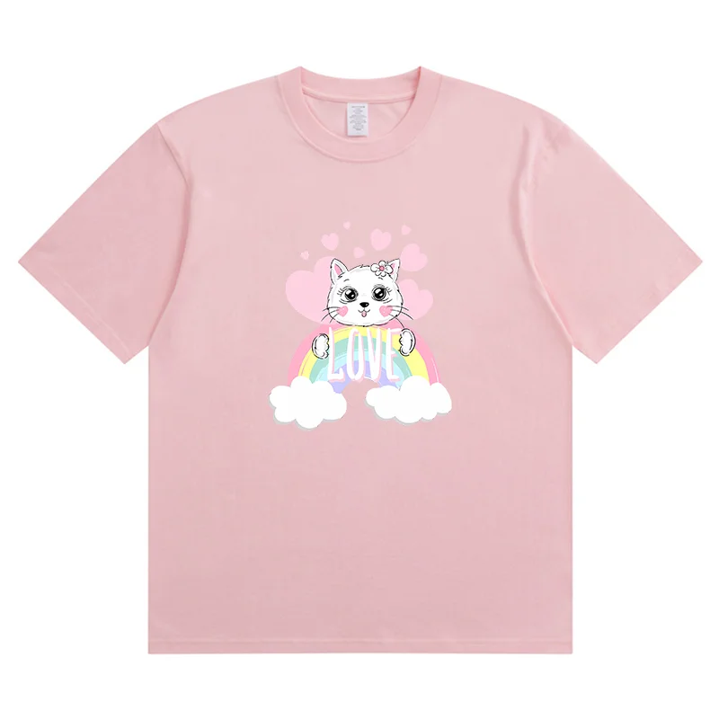 Summer New Cat Love Heart Shape  Rainbow Fashion Sports Women's T-Shirt Harajuku Graphic Clothing Women's Top,Drop Ship