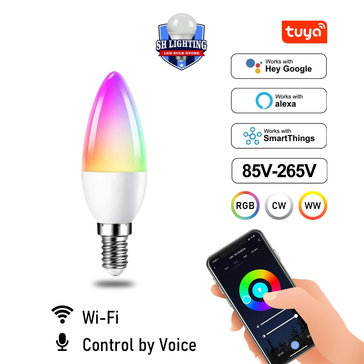 

Voice Control Smart 6W C37 T37 RGB CW Wifi Light Bulb Dimmable Led Magic Lamp 110V 220V Work With Alexa Google Home Smartthings