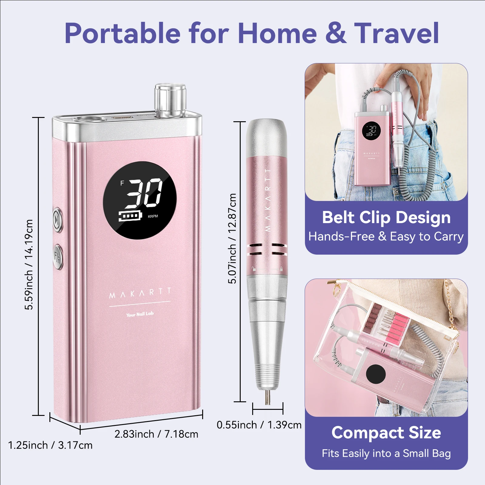 Makartt Rechargeable Nail Drill 30000RPM Pink-48W Motor, 8H Battery,Quiet LCD Display,for Beauty School Home & Pro Use Manicure