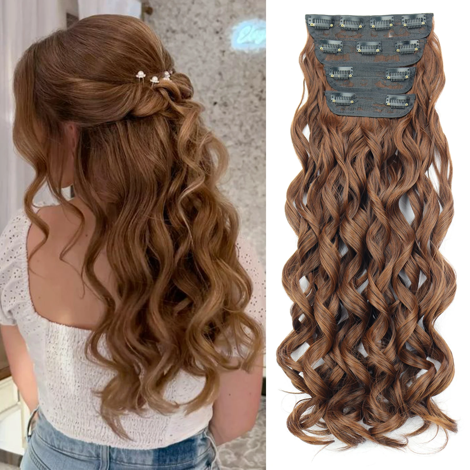 Synthetic 20 Inch 4Pcs/Set Long Bouncy Curly 11Clip In Hair Extensions Dark Brown Hair Accessories Suitable For Women To Wear