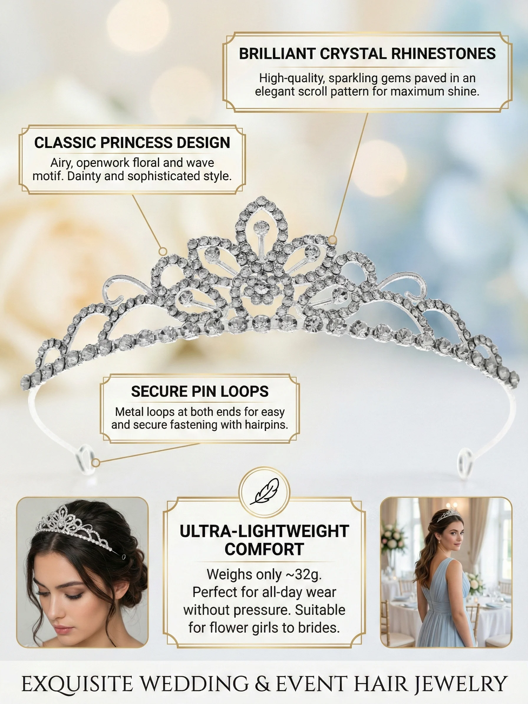 

Серебряная хрустальная тиара-корона Miallo для женщин и девочек, свадебные аксессуары для волос, головной убор со стразами, повязка на голову на день рождения