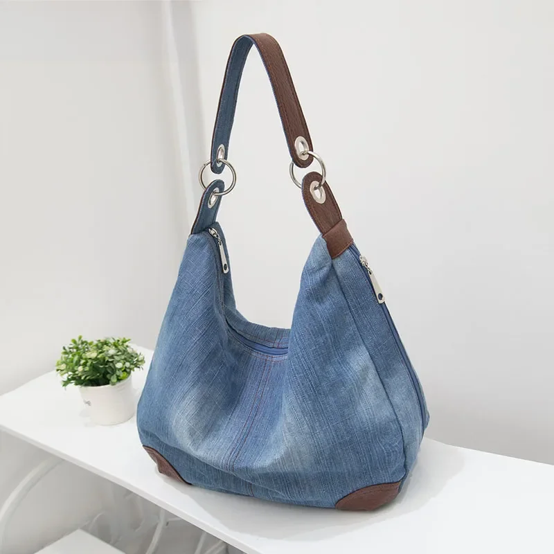Denimowa damska torba na ramię o dużej pojemności Kobieca torebka hobos Design Casual big Totes niebieskie damskie torby na ramię Canvas Crossbody bags — zdjęcie 2