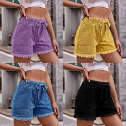 2023 Summer New Women Elastic Waist Drawstring Denim Shorts Fashion Casual Raw Edge Jeans Shorts Multicolor Sexy Female Shorts