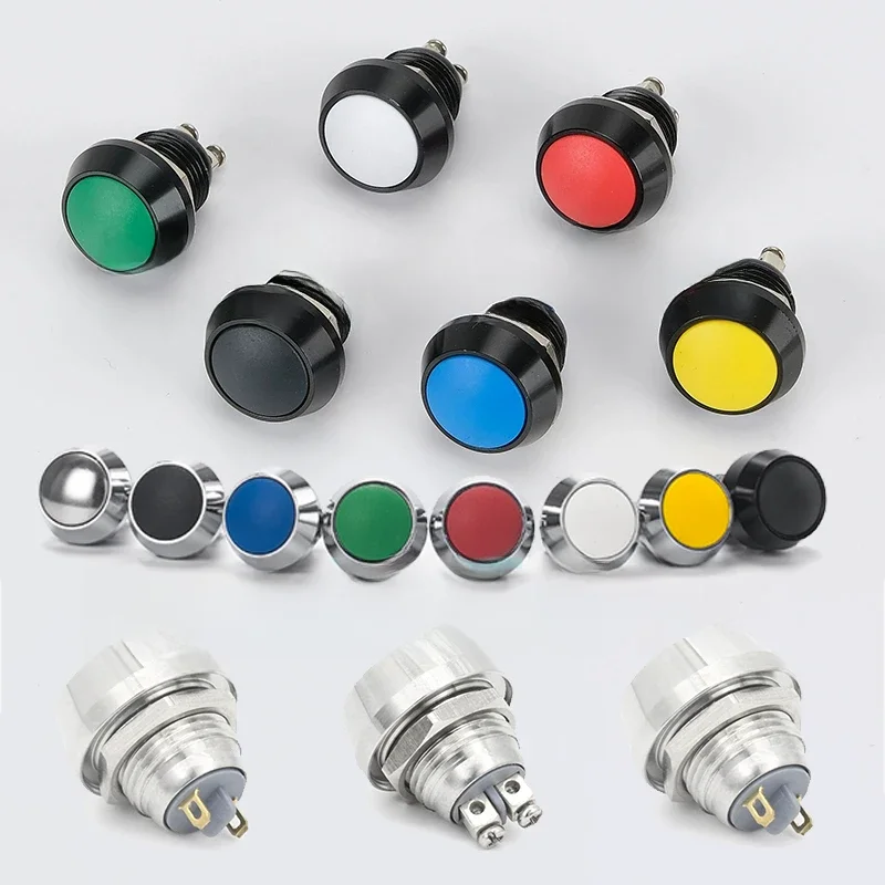 Przycisk chwilowy z kopułkową główką 12 mm, zaciski śrubowe, przycisk 3A 220V, zaciski do lutowania, kolorowy metalowy przycisk. — zdjęcie 2