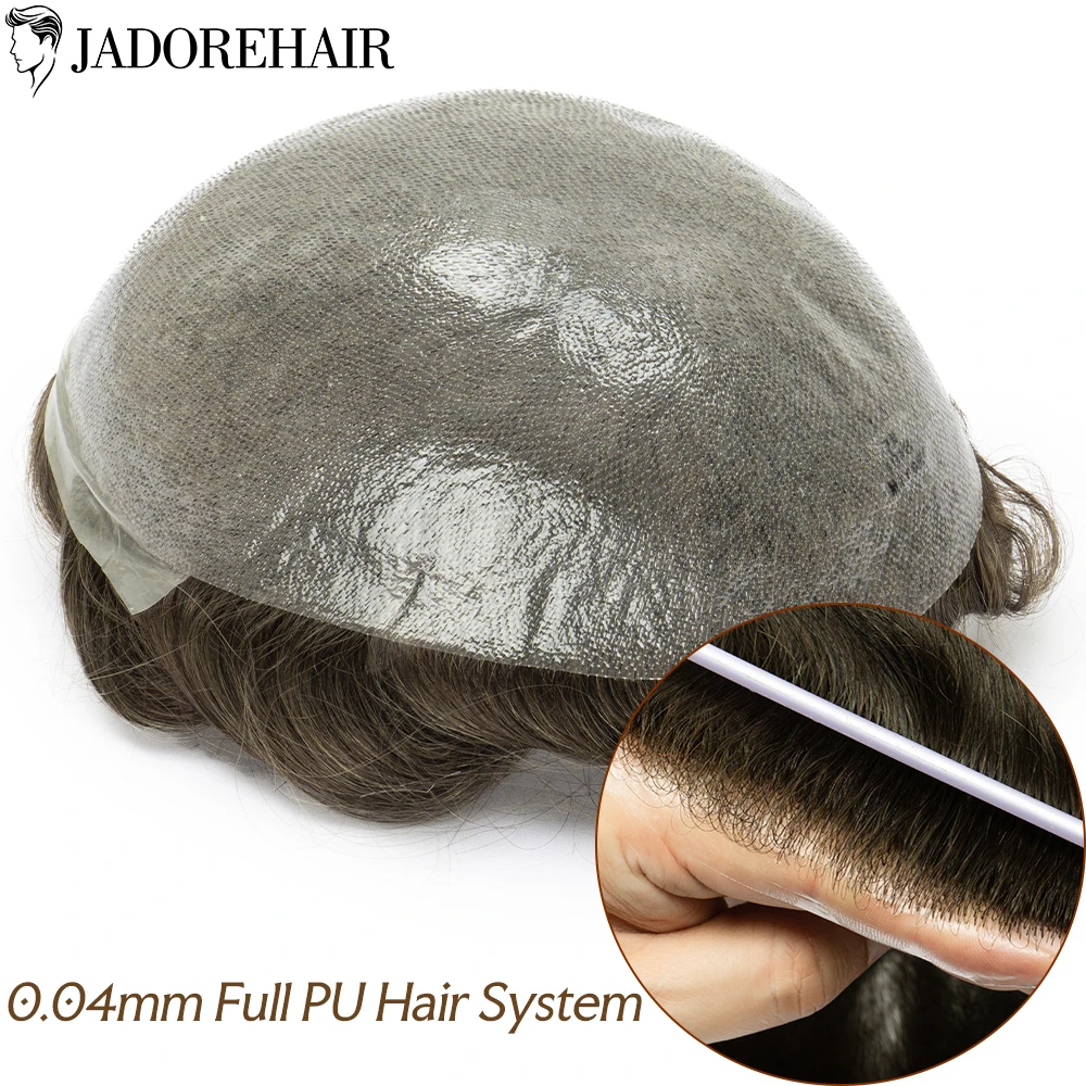 0.04-0.06 V-Loop Human Hair Men Toupee Full PU Skin Base Hair System Replacement Male Capillary Prosthesis Wigs Natural Hairline
