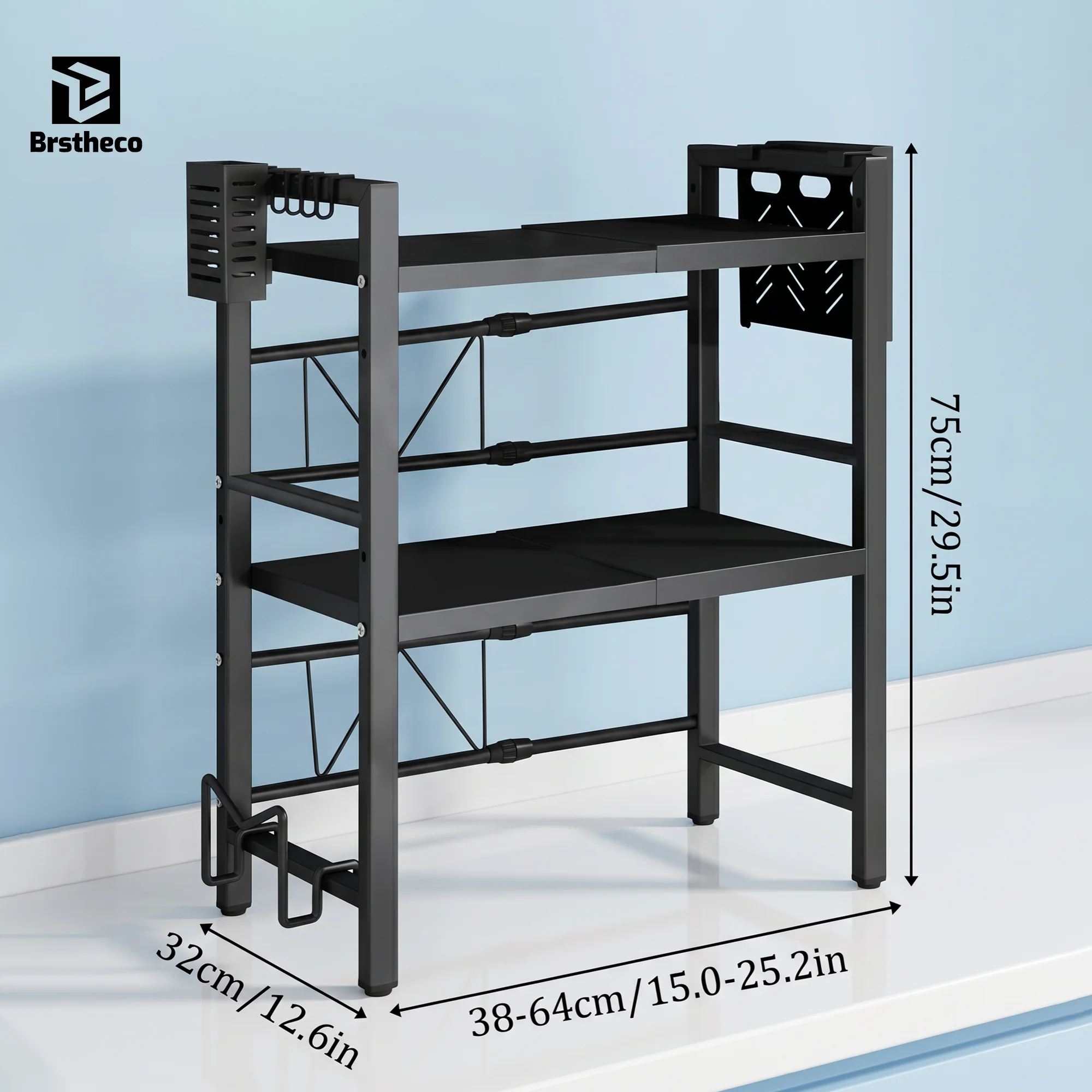 Verstellbares 3-stufiges Küchen-Mikrowellenregal, erweiterbar von 38 cm bis 64 cm, Arbeitsplatten-Organizer mit 6 Haken, Messerhalter, Utensilienkorb und Schneidebretthalter für die Aufbewahrung von Gewürzen und Kochgeschirr – Detail 1