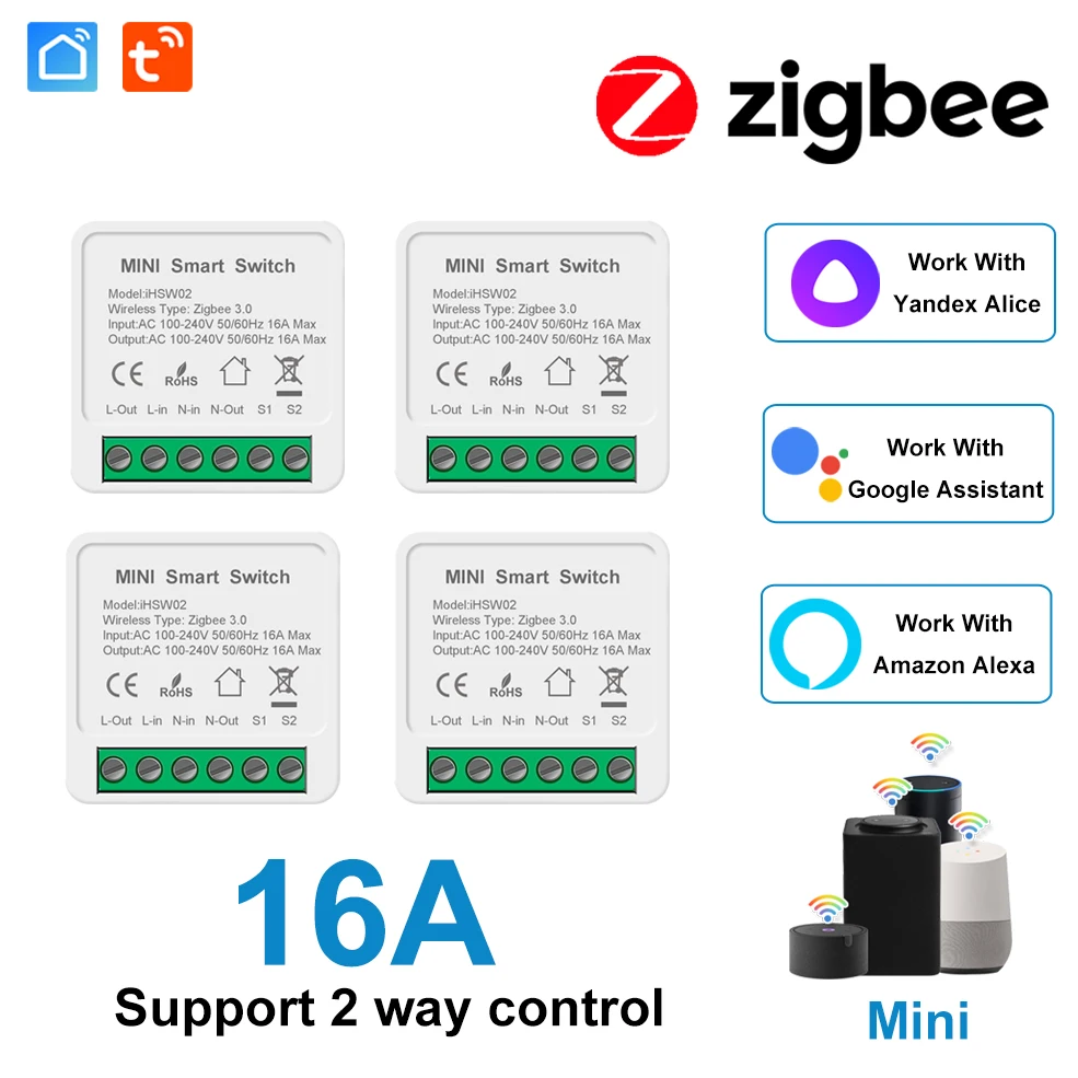 Tuya Zigbee MINI Smart Switch 2 Ways Control 16A Switch Smart Home Automation DIY Breaker Works With Alexa Google Home/Alexa