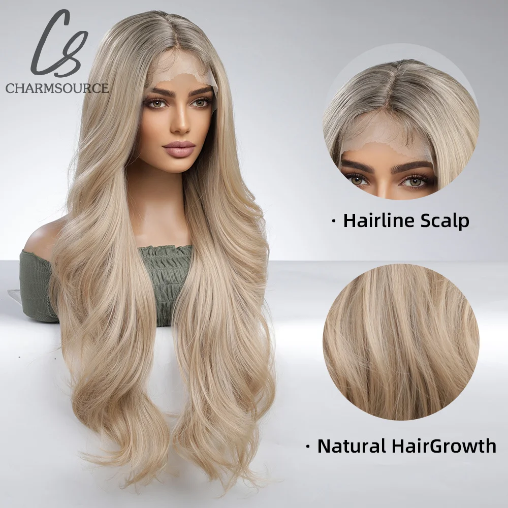 CharmSource Brown Blonde Long Wave Wigs Synthetic Lace Front Wig for Women Hair Party Daily High Quality High Density