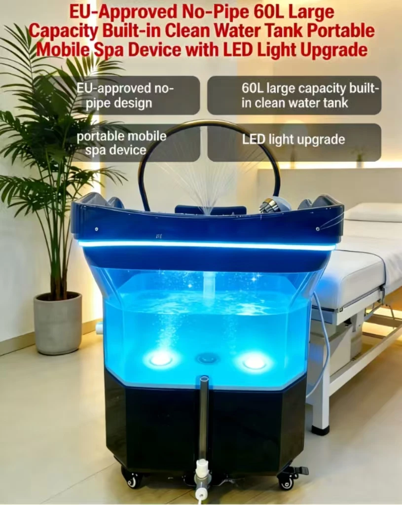 Przenośne krzesło fryzjerskie LED z oświetleniem, czarne, z funkcją spa i zbiornikiem na wodę, do salonów kosmetycznych.